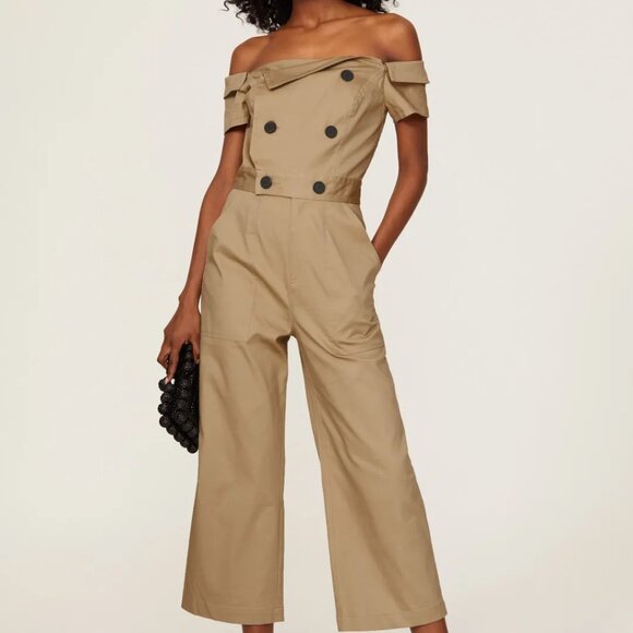 Marissa Webb, Khaki Off the Shoulder Crop Jumpsuit Size 6 - Picture 3 of 9